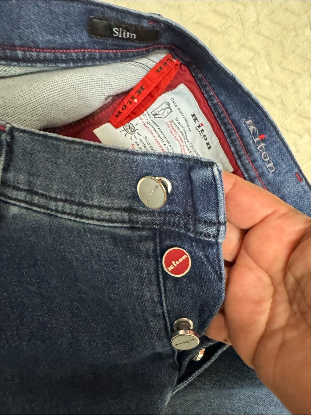 Kiton Denim Jeans in Medium Blue with Red Accents - Picture 8 of 16
